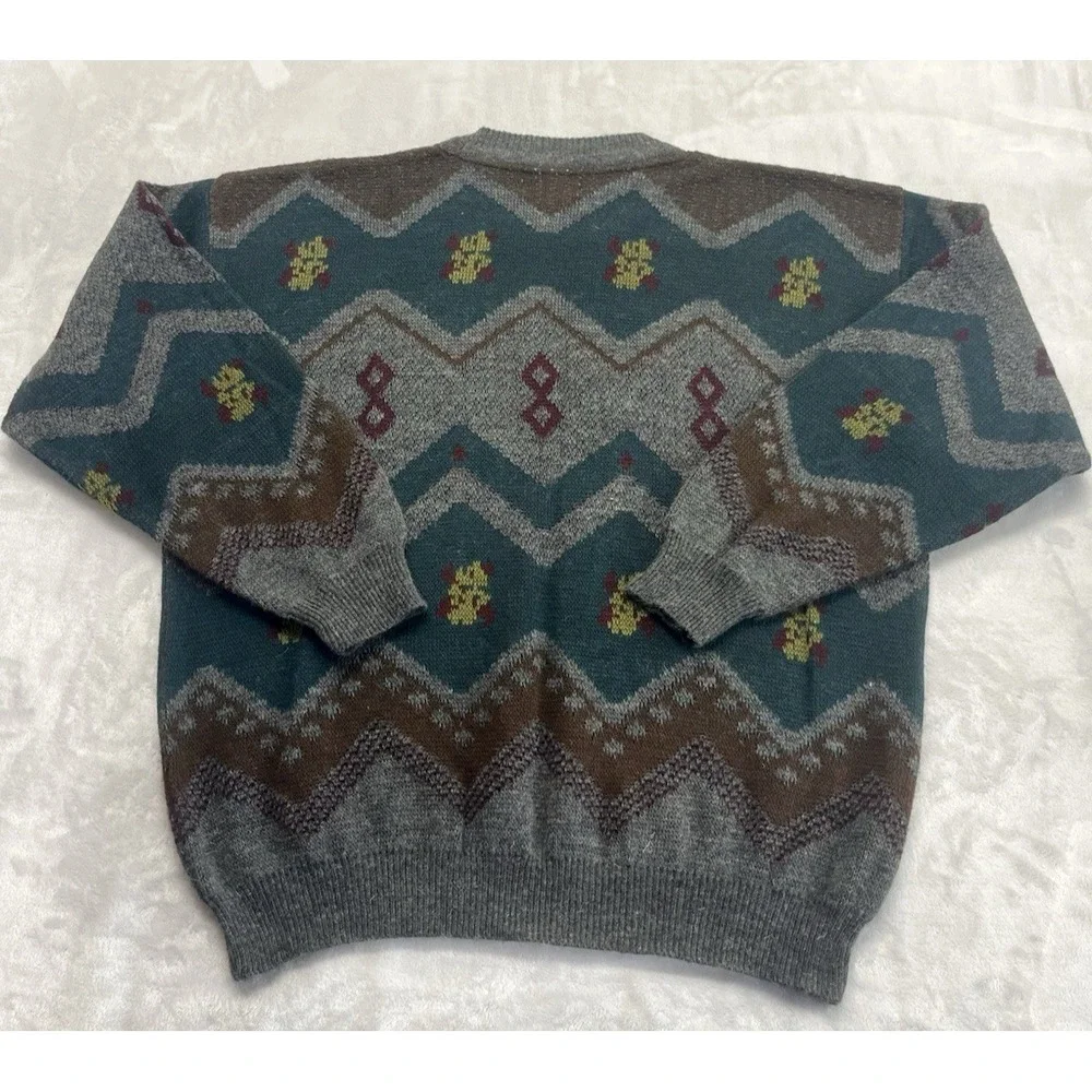 Fiii Sweater Men XL Brown Geometric Crew Neck Wool Acrylic Blend Pullover Italy
